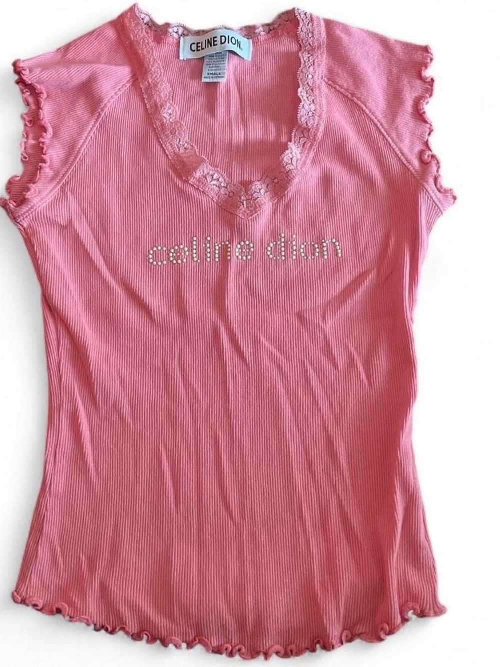 Y2K Celine Dion 100% Cotton Pink Ribbed Lace-Trim Logo Tee Ruffle T-Shirt